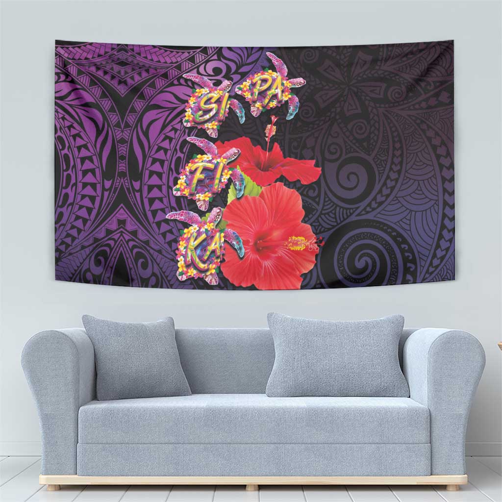 Pasifika Festival Tapestry Plumeria Turtles with Hibiscus - Polynesian Art Tattoo Purple Color