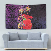 Pasifika Festival Tapestry Plumeria Turtles with Hibiscus - Polynesian Art Tattoo Purple Color