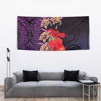 Pasifika Festival Tapestry Plumeria Turtles with Hibiscus - Polynesian Art Tattoo Purple Color