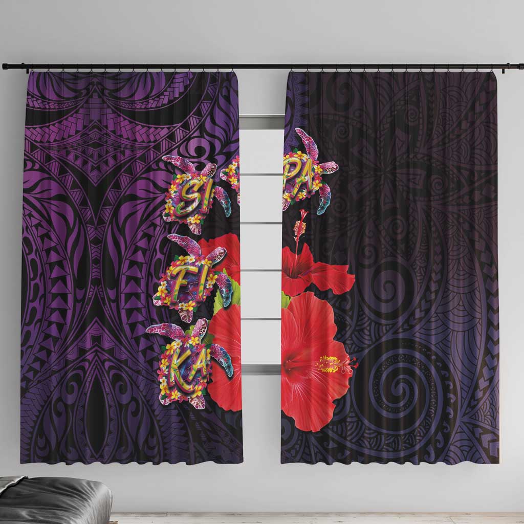 Pasifika Festival Window Curtain Plumeria Turtles with Hibiscus - Polynesian Art Tattoo Purple Color LT03 With Hooks Purple - Polynesian Pride
