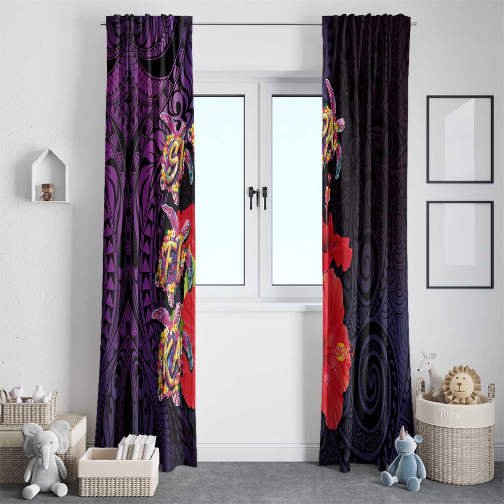 Pasifika Festival Window Curtain Plumeria Turtles with Hibiscus - Polynesian Art Tattoo Purple Color