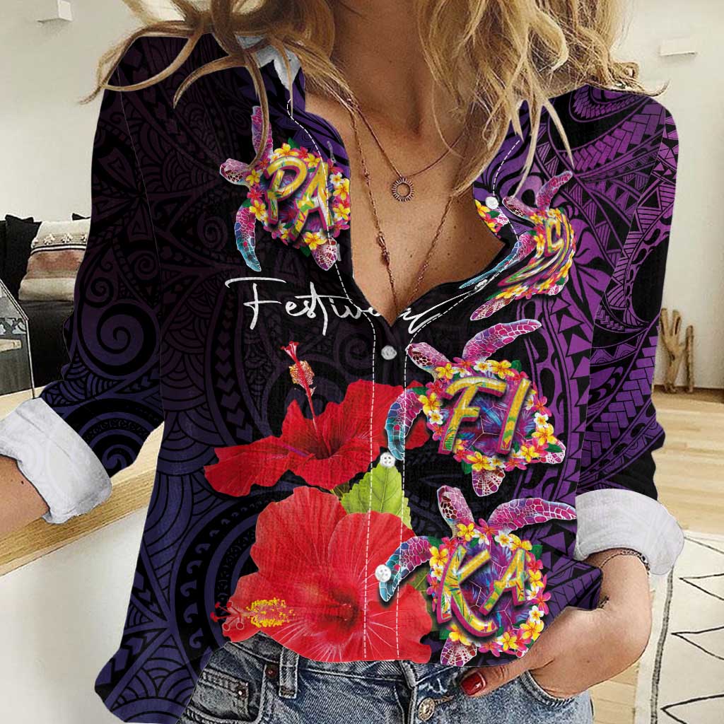 Pasifika Festival Women Casual Shirt Plumeria Turtles with Hibiscus - Polynesian Art Tattoo Purple Color