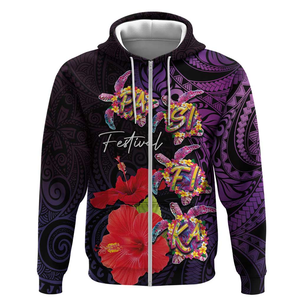 Pasifika Festival Zip Hoodie Plumeria Turtles with Hibiscus - Polynesian Art Tattoo Purple Color