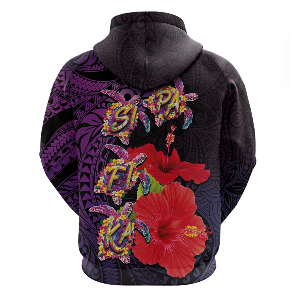Pasifika Festival Zip Hoodie Plumeria Turtles with Hibiscus - Polynesian Art Tattoo Purple Color