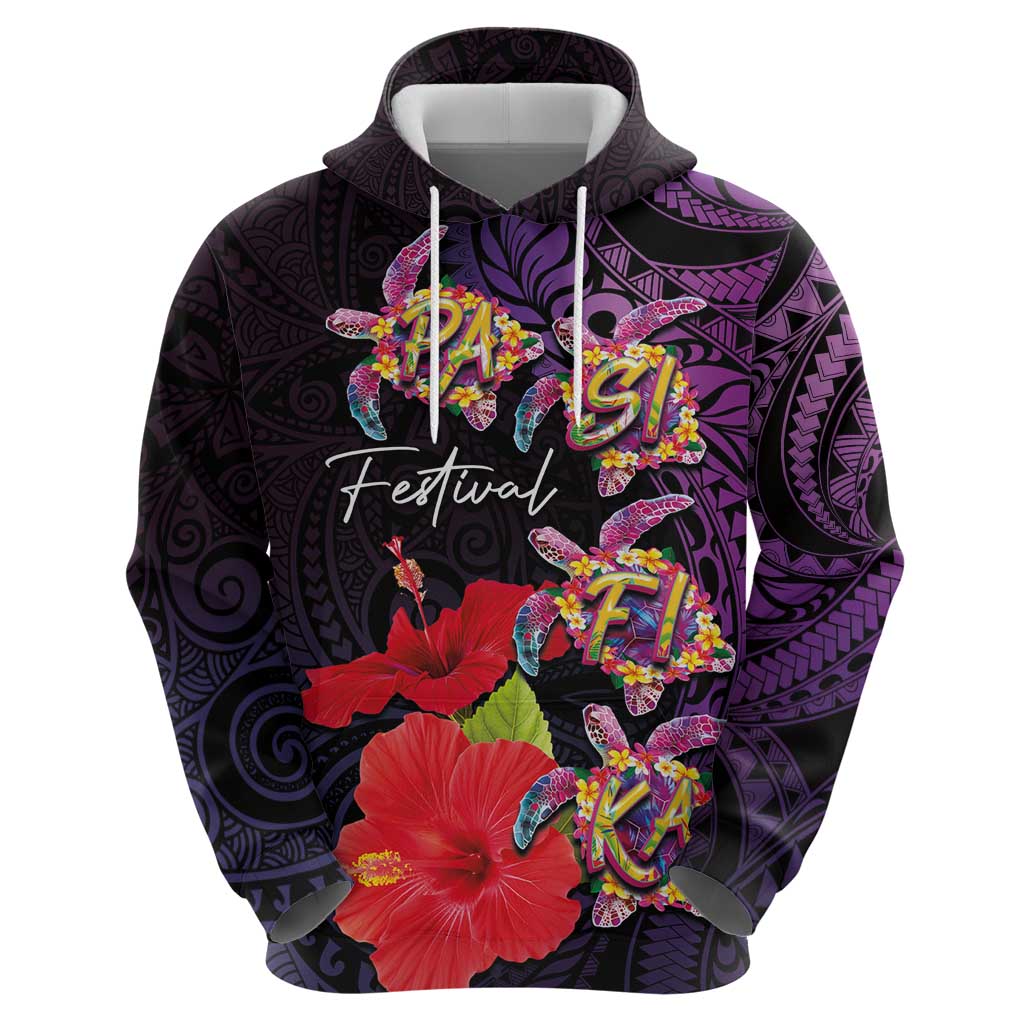 Pasifika Festival Zip Hoodie Plumeria Turtles with Hibiscus - Polynesian Art Tattoo Purple Color
