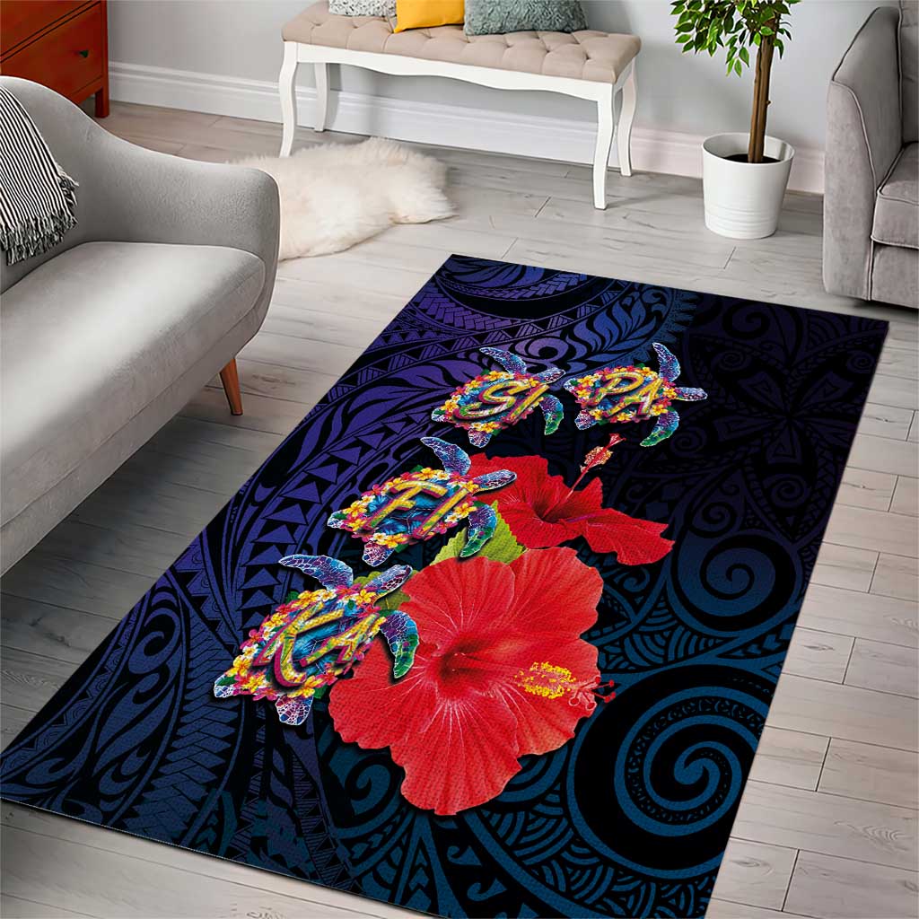 Pasifika Festival Area Rug Plumeria Turtles with Hibiscus - Polynesian Art Tattoo Dark Navy Color