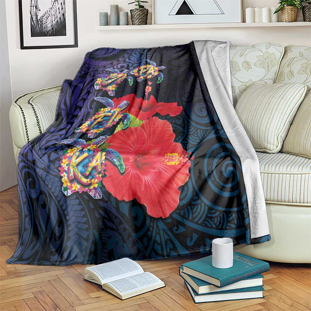 Pasifika Festival Blanket Plumeria Turtles with Hibiscus - Polynesian Art Tattoo Dark Navy Color LT03 Dark Navy - Polynesian Pride