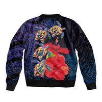 Pasifika Festival Bomber Jacket Plumeria Turtles with Hibiscus - Polynesian Art Tattoo Dark Navy Color
