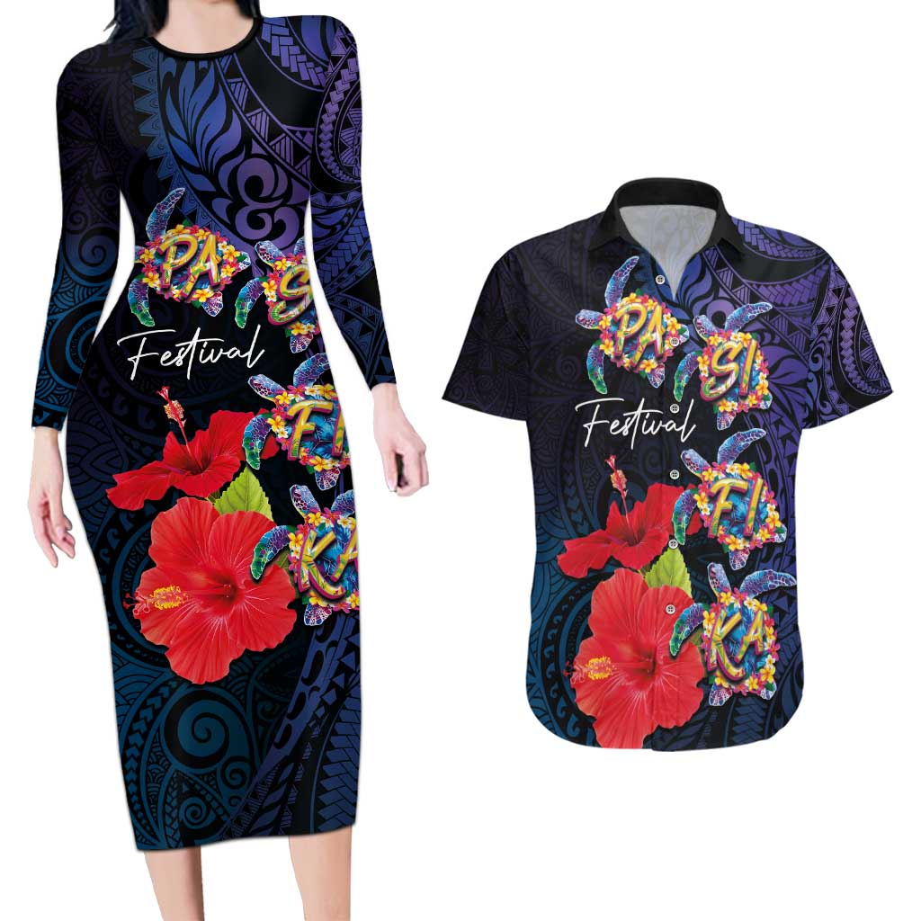 Pasifika Festival Couples Matching Long Sleeve Bodycon Dress and Hawaiian Shirt Plumeria Turtles with Hibiscus - Polynesian Art Tattoo Dark Navy Color