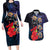 Pasifika Festival Couples Matching Long Sleeve Bodycon Dress and Hawaiian Shirt Plumeria Turtles with Hibiscus - Polynesian Art Tattoo Dark Navy Color