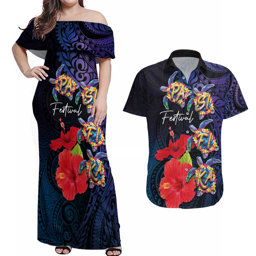 Pasifika Festival Couples Matching Off Shoulder Maxi Dress and Hawaiian Shirt Plumeria Turtles with Hibiscus - Polynesian Art Tattoo Dark Navy Color