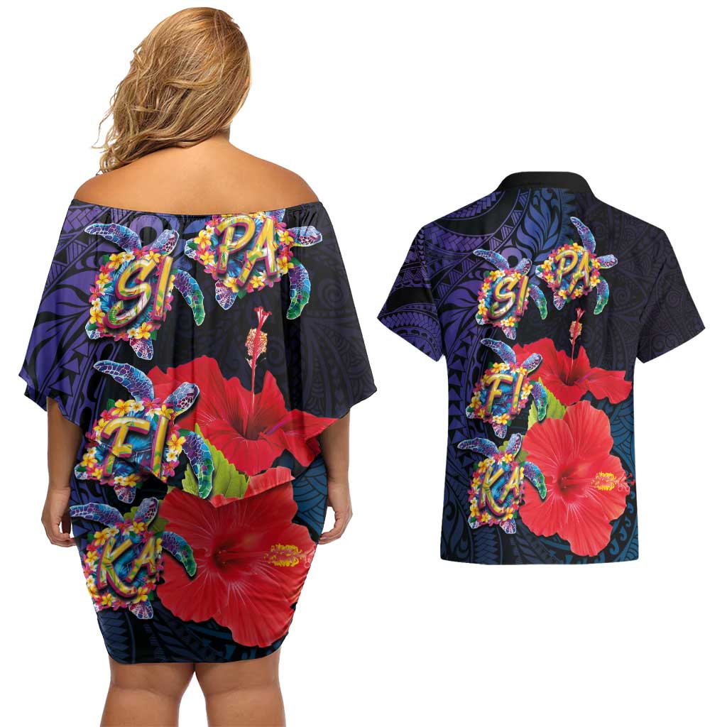 Pasifika Festival Couples Matching Off Shoulder Short Dress and Hawaiian Shirt Plumeria Turtles with Hibiscus - Polynesian Art Tattoo Dark Navy Color