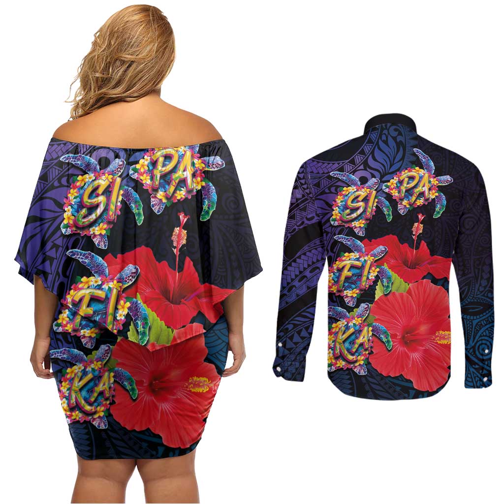 Pasifika Festival Couples Matching Off Shoulder Short Dress and Long Sleeve Button Shirt Plumeria Turtles with Hibiscus - Polynesian Art Tattoo Dark Navy Color