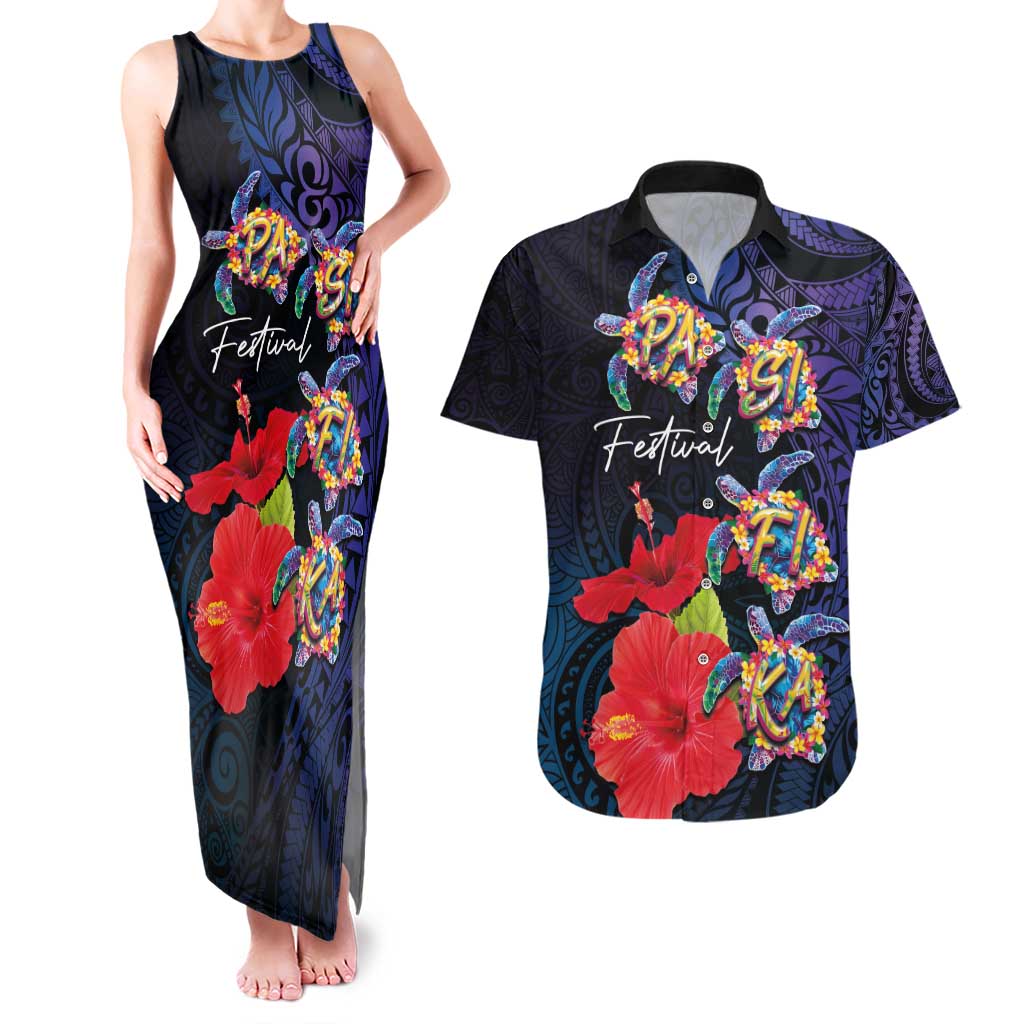 Pasifika Festival Couples Matching Tank Maxi Dress and Hawaiian Shirt Plumeria Turtles with Hibiscus - Polynesian Art Tattoo Dark Navy Color
