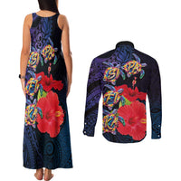 Pasifika Festival Couples Matching Tank Maxi Dress and Long Sleeve Button Shirt Plumeria Turtles with Hibiscus - Polynesian Art Tattoo Dark Navy Color