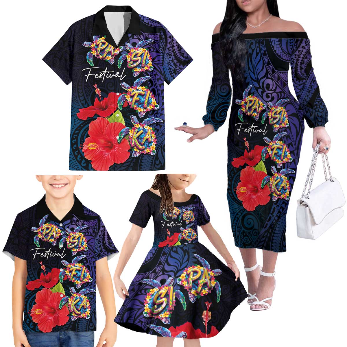 Pasifika Festival Family Matching Off The Shoulder Long Sleeve Dress and Hawaiian Shirt Plumeria Turtles with Hibiscus - Polynesian Art Tattoo Dark Navy Color