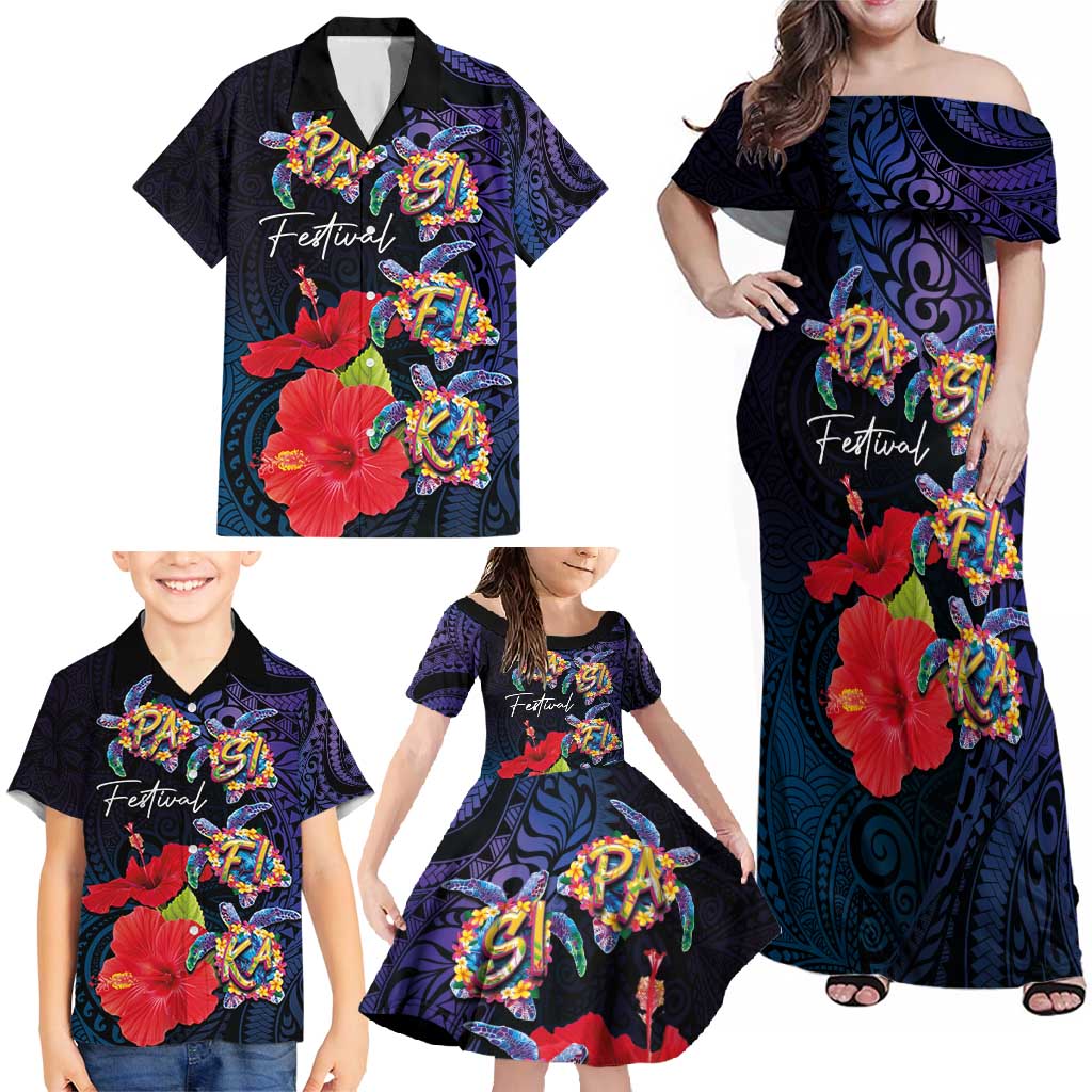 Pasifika Festival Family Matching Off Shoulder Maxi Dress and Hawaiian Shirt Plumeria Turtles with Hibiscus - Polynesian Art Tattoo Dark Navy Color