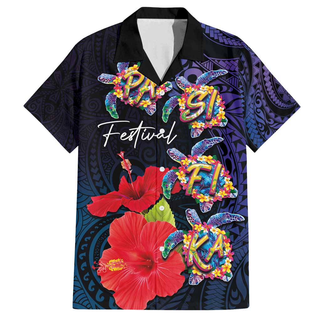 Pasifika Festival Family Matching Off Shoulder Maxi Dress and Hawaiian Shirt Plumeria Turtles with Hibiscus - Polynesian Art Tattoo Dark Navy Color