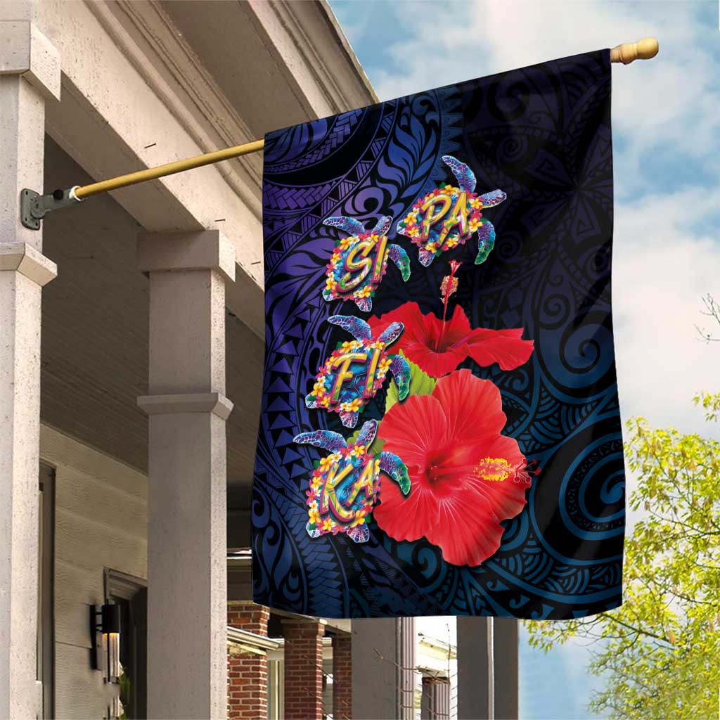 Pasifika Festival Garden Flag Plumeria Turtles with Hibiscus - Polynesian Art Tattoo Dark Navy Color