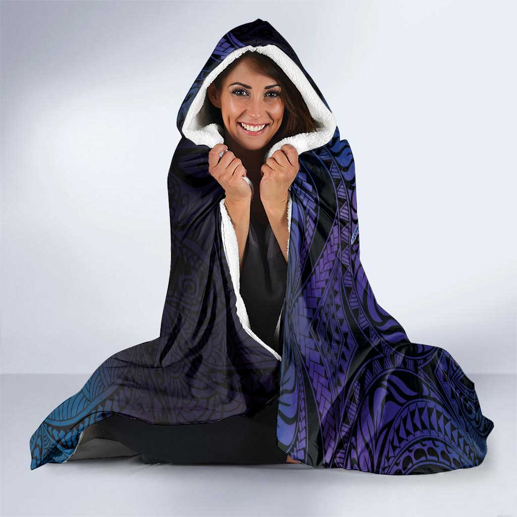 Pasifika Festival Hooded Blanket Plumeria Turtles with Hibiscus - Polynesian Art Tattoo Dark Navy Color