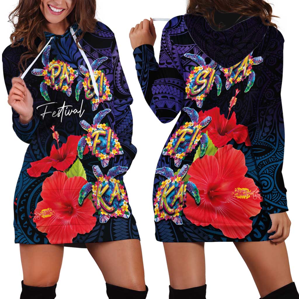 Pasifika Festival Hoodie Dress Plumeria Turtles with Hibiscus - Polynesian Art Tattoo Dark Navy Color