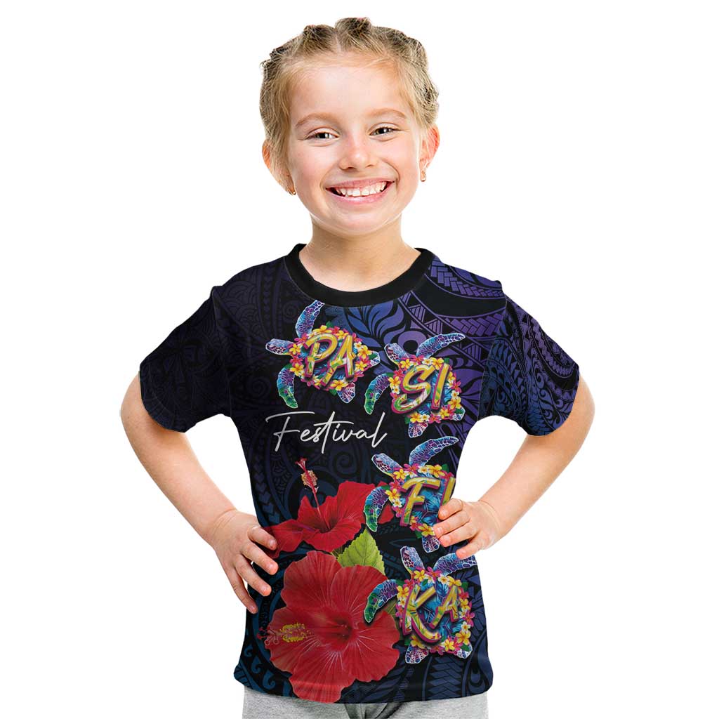 Pasifika Festival Kid T Shirt Plumeria Turtles with Hibiscus - Polynesian Art Tattoo Dark Navy Color