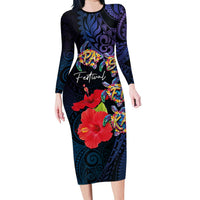 Pasifika Festival Long Sleeve Bodycon Dress Plumeria Turtles with Hibiscus - Polynesian Art Tattoo Dark Navy Color
