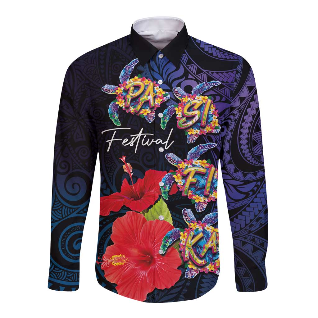 Pasifika Festival Long Sleeve Button Shirt Plumeria Turtles with Hibiscus - Polynesian Art Tattoo Dark Navy Color