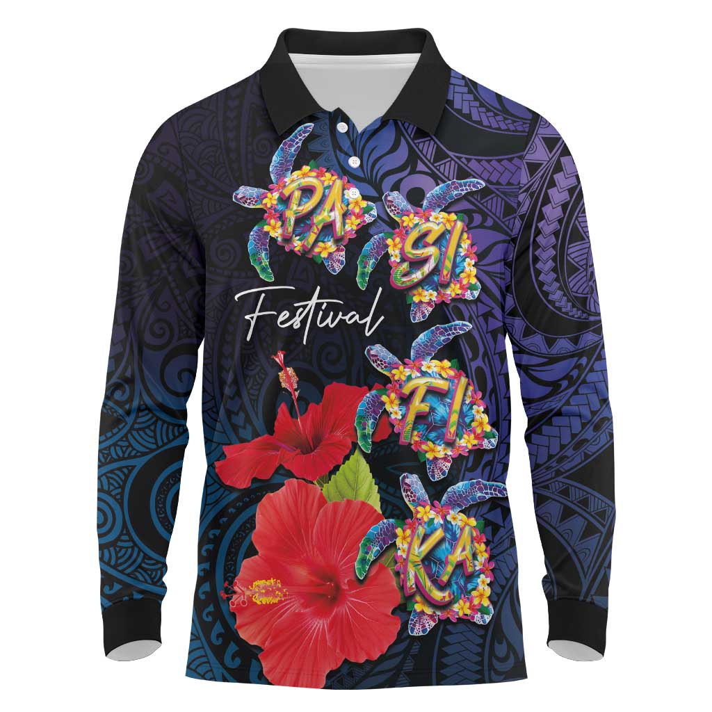 Pasifika Festival Long Sleeve Polo Shirt Plumeria Turtles with Hibiscus - Polynesian Art Tattoo Dark Navy Color