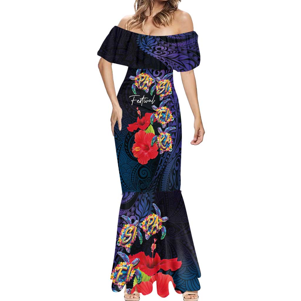 Pasifika Festival Mermaid Dress Plumeria Turtles with Hibiscus - Polynesian Art Tattoo Dark Navy Color
