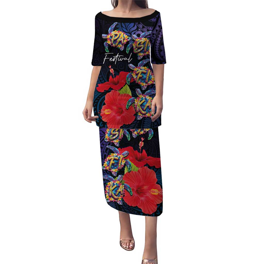 Pasifika Festival Puletasi Plumeria Turtles with Hibiscus - Polynesian Art Tattoo Dark Navy Color
