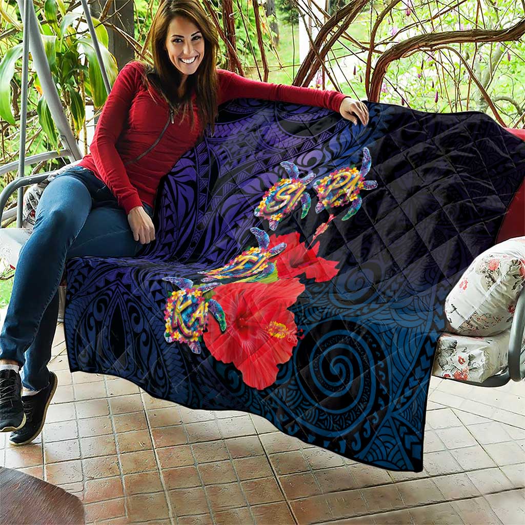 Pasifika Festival Quilt Plumeria Turtles with Hibiscus - Polynesian Art Tattoo Dark Navy Color