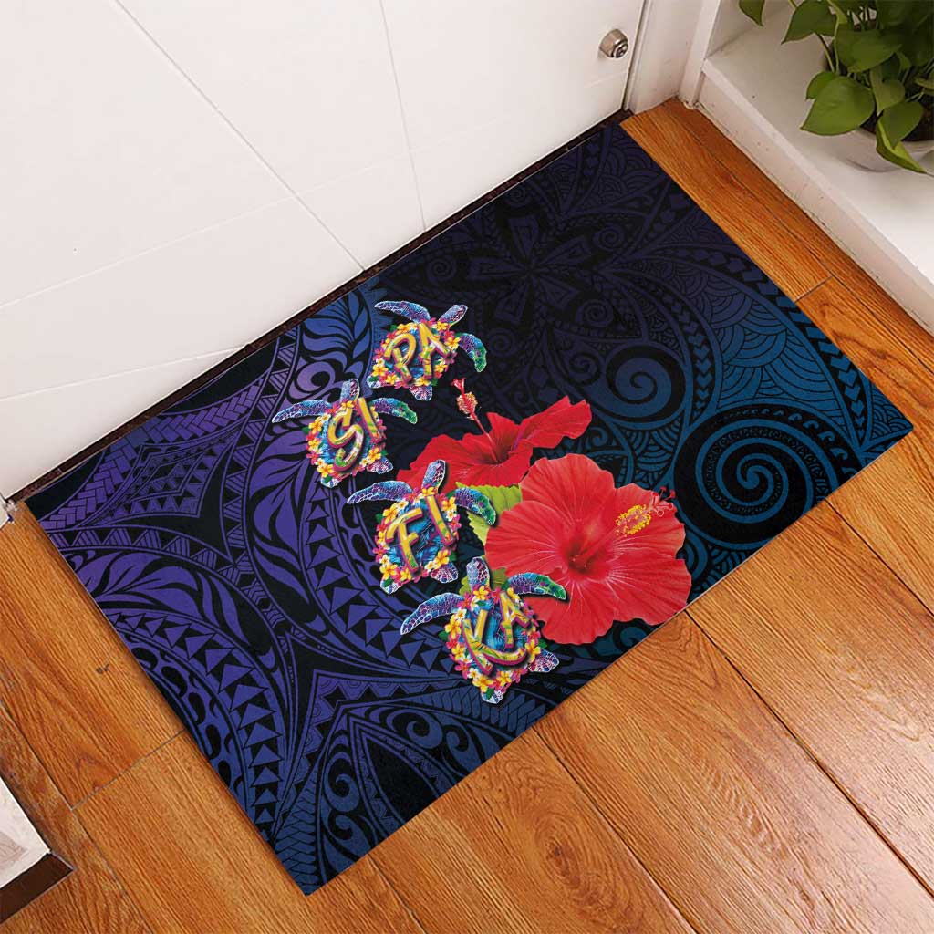 Pasifika Festival Rubber Doormat Plumeria Turtles with Hibiscus - Polynesian Art Tattoo Dark Navy Color