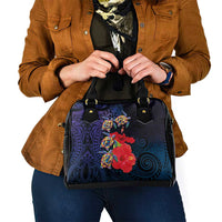 Pasifika Festival Shoulder Handbag Plumeria Turtles with Hibiscus - Polynesian Art Tattoo Dark Navy Color