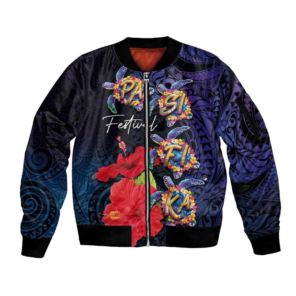 Pasifika Festival Sleeve Zip Bomber Jacket Plumeria Turtles with Hibiscus - Polynesian Art Tattoo Dark Navy Color