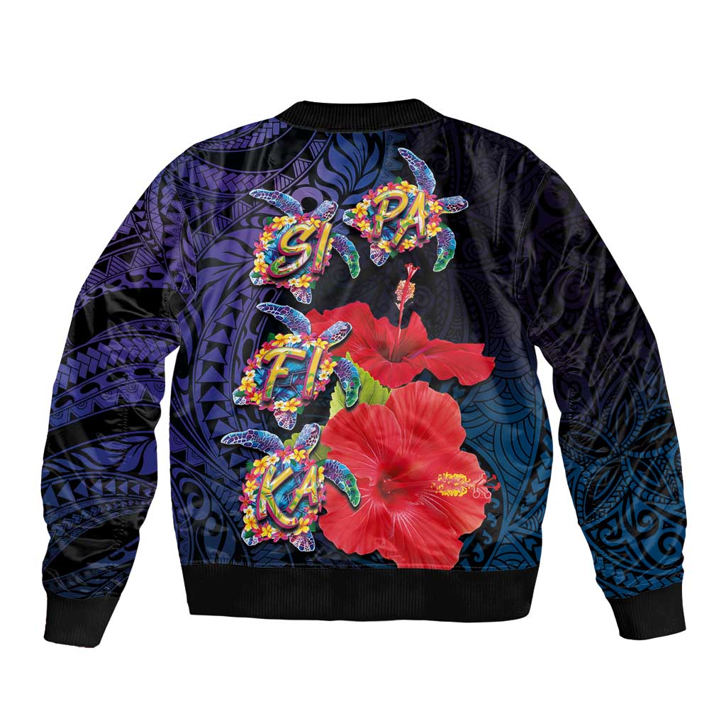 Pasifika Festival Sleeve Zip Bomber Jacket Plumeria Turtles with Hibiscus - Polynesian Art Tattoo Dark Navy Color