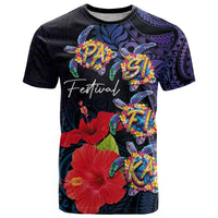 Pasifika Festival T Shirt Plumeria Turtles with Hibiscus - Polynesian Art Tattoo Dark Navy Color