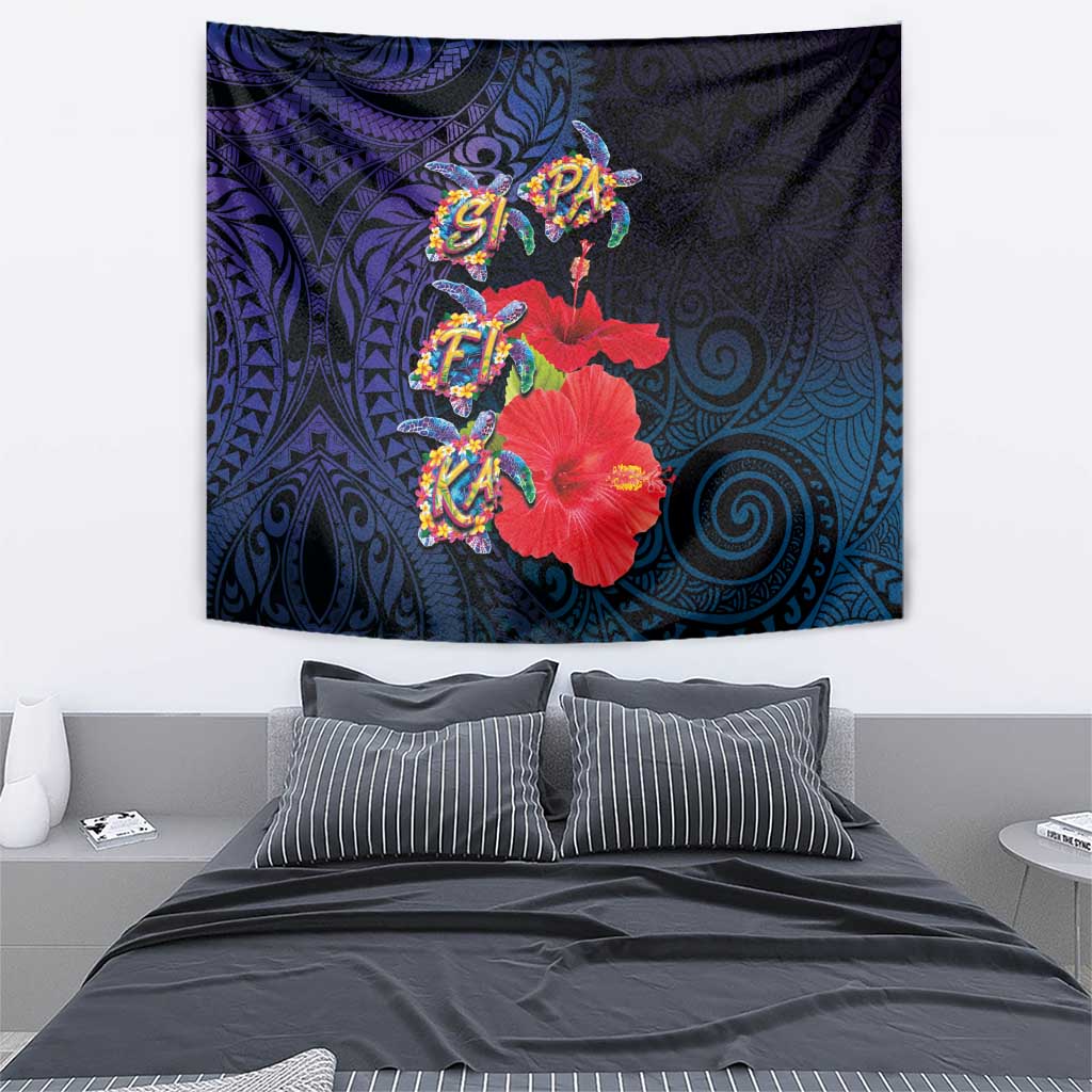 Pasifika Festival Tapestry Plumeria Turtles with Hibiscus - Polynesian Art Tattoo Dark Navy Color