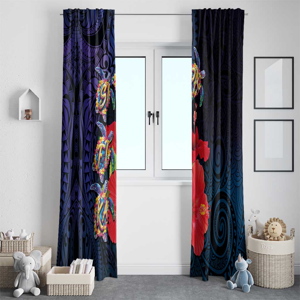 Pasifika Festival Window Curtain Plumeria Turtles with Hibiscus - Polynesian Art Tattoo Dark Navy Color
