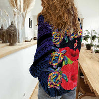 Pasifika Festival Women Casual Shirt Plumeria Turtles with Hibiscus - Polynesian Art Tattoo Dark Navy Color