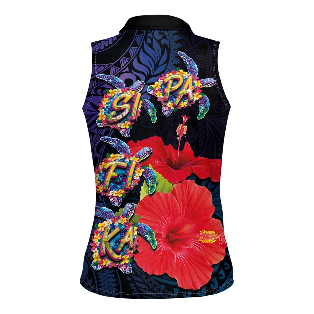 Pasifika Festival Women Sleeveless Polo Shirt Plumeria Turtles with Hibiscus - Polynesian Art Tattoo Dark Navy Color