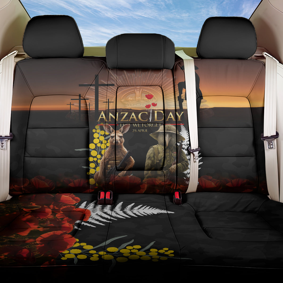 New Zealand and Australia ANZAC Day Back Car Seat Cover Kiwi Bird and Kangaroo Soldier LT03