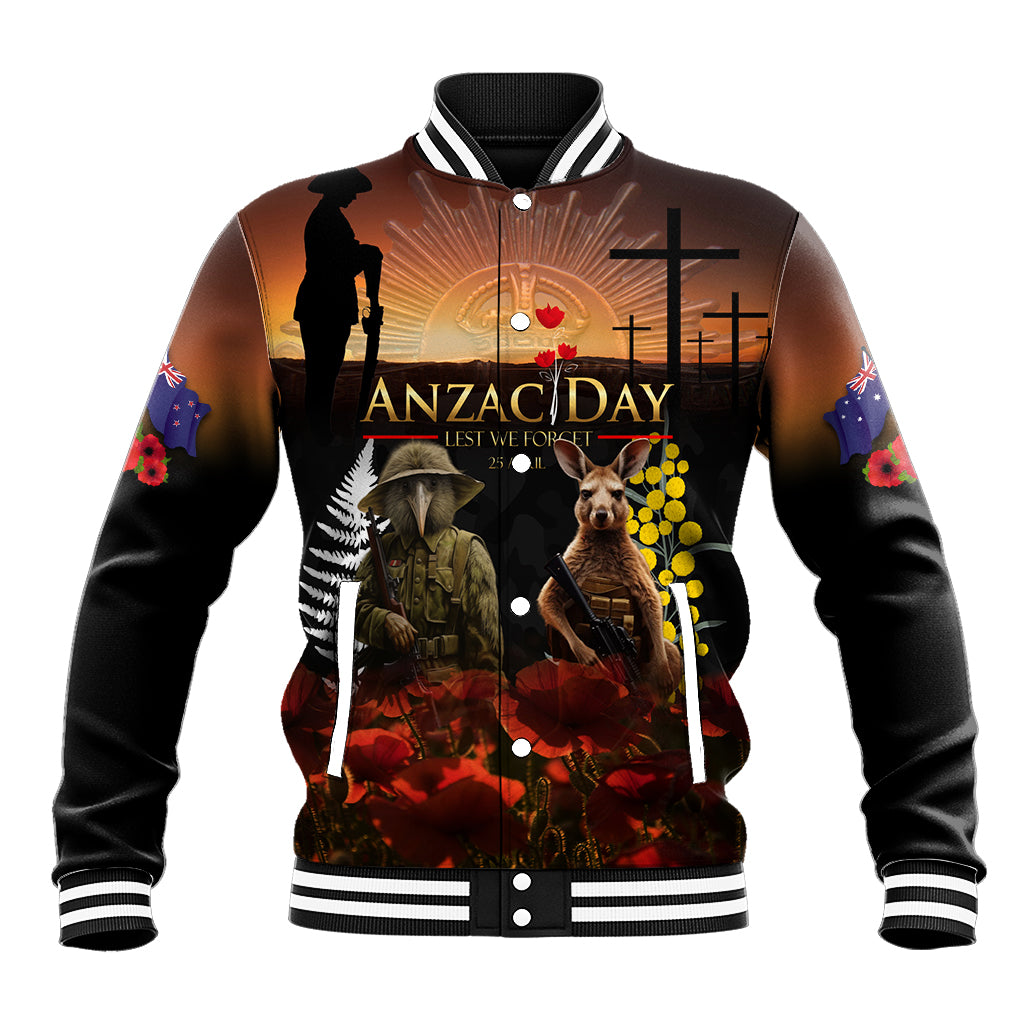 New Zealand and Australia ANZAC Day Baseball Jacket Kiwi Bird and Kangaroo Soldier LT03 Unisex Black - Polynesian Pride