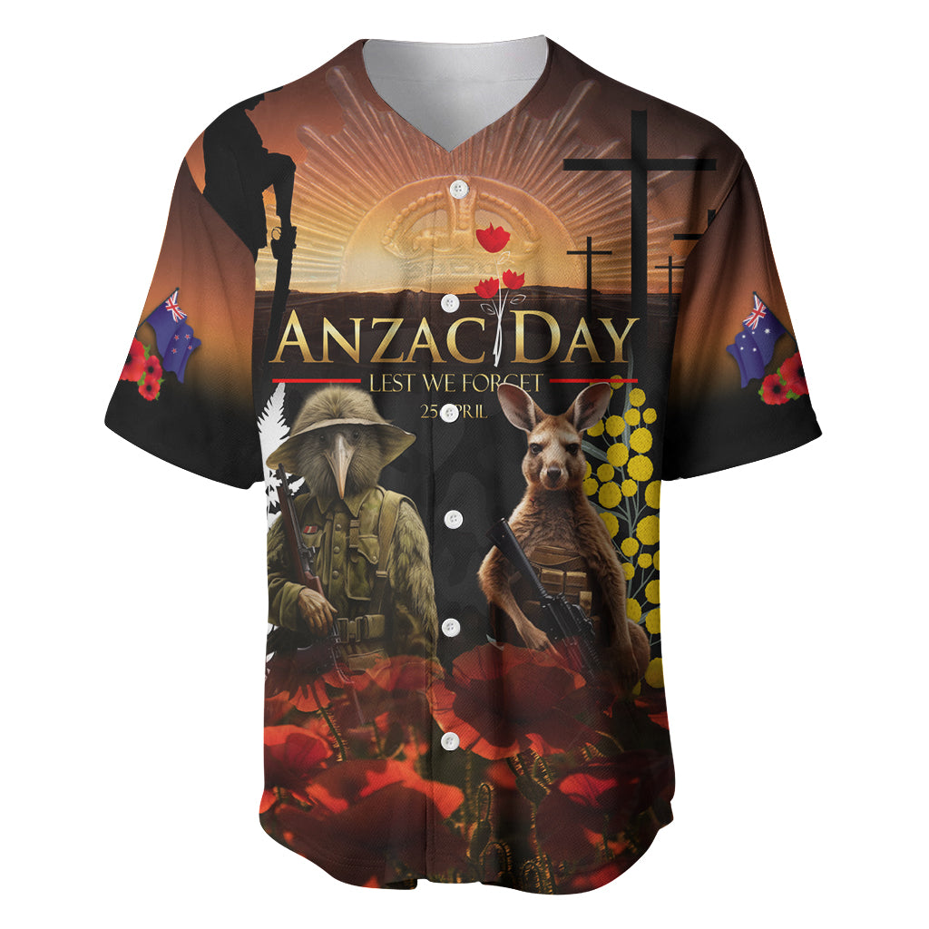 New Zealand and Australia ANZAC Day Baseball Jersey Kiwi Bird and Kangaroo Soldier LT03 Black - Polynesian Pride