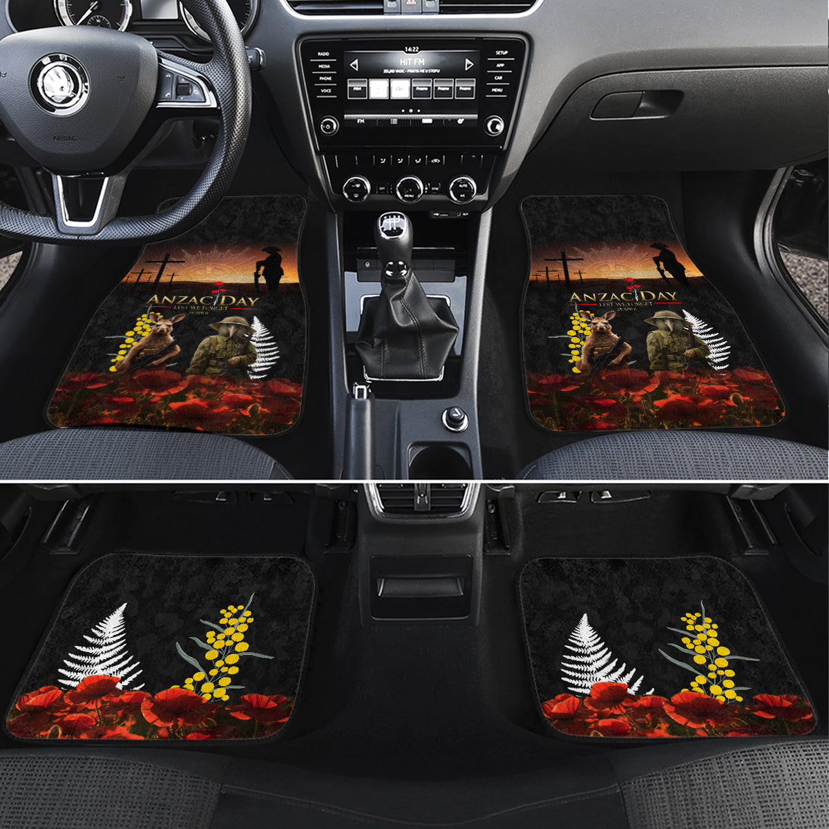 New Zealand and Australia ANZAC Day Car Mats Kiwi Bird and Kangaroo Soldier LT03 Set 4pcs Black - Polynesian Pride