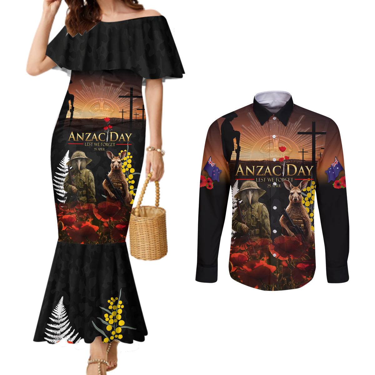 New Zealand and Australia ANZAC Day Couples Matching Mermaid Dress and Long Sleeve Button Shirt Kiwi Bird and Kangaroo Soldier LT03 Black - Polynesian Pride