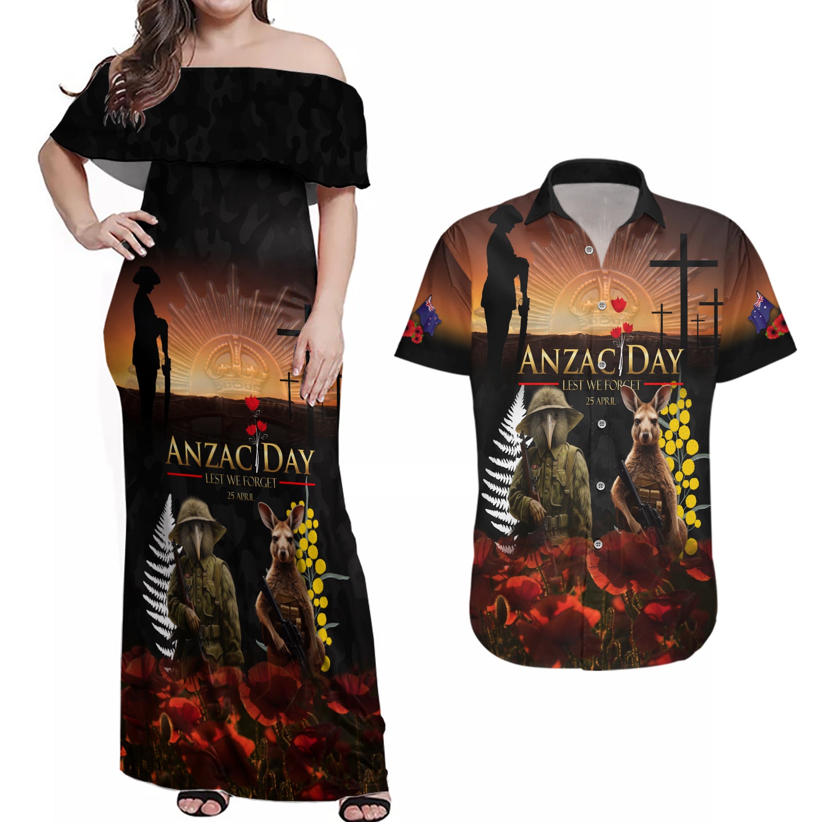 New Zealand and Australia ANZAC Day Couples Matching Off Shoulder Maxi Dress and Hawaiian Shirt Kiwi Bird and Kangaroo Soldier LT03 Black - Polynesian Pride