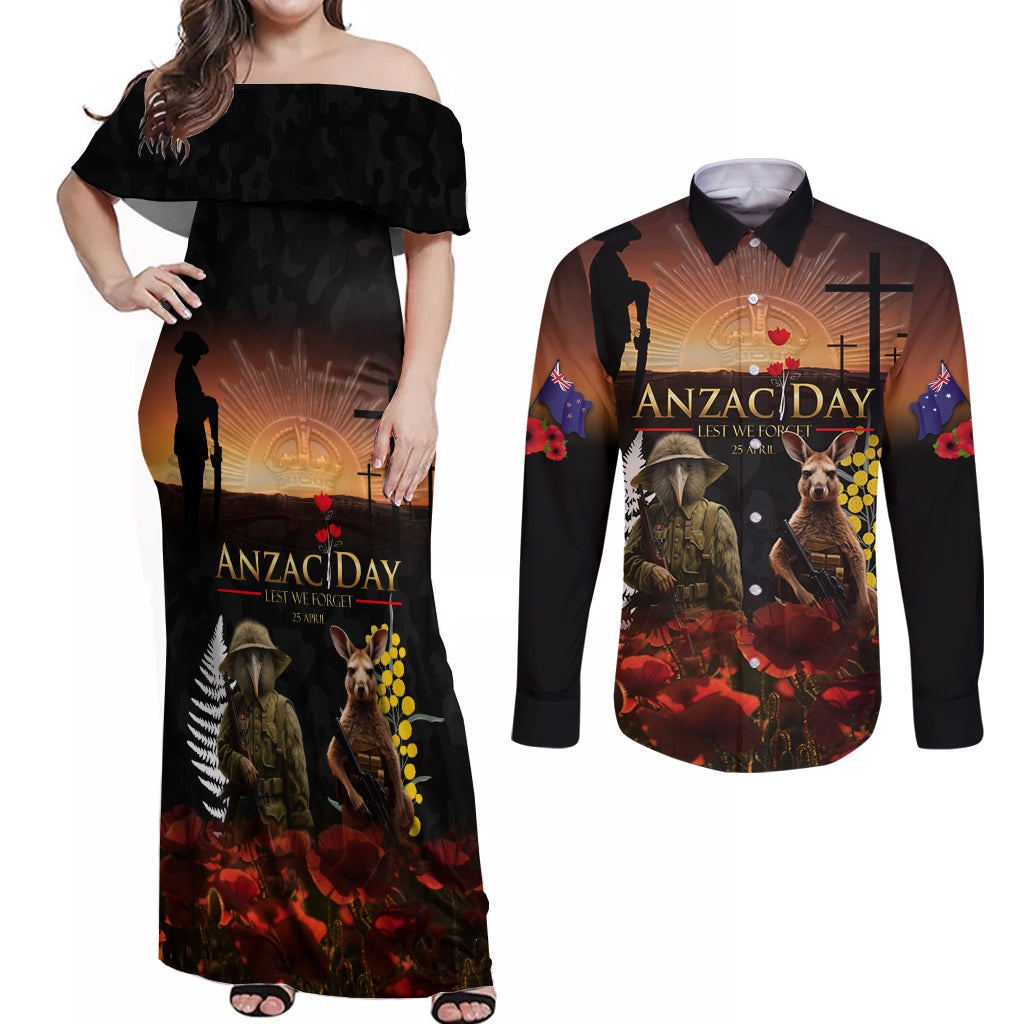 New Zealand and Australia ANZAC Day Couples Matching Off Shoulder Maxi Dress and Long Sleeve Button Shirt Kiwi Bird and Kangaroo Soldier LT03 Black - Polynesian Pride