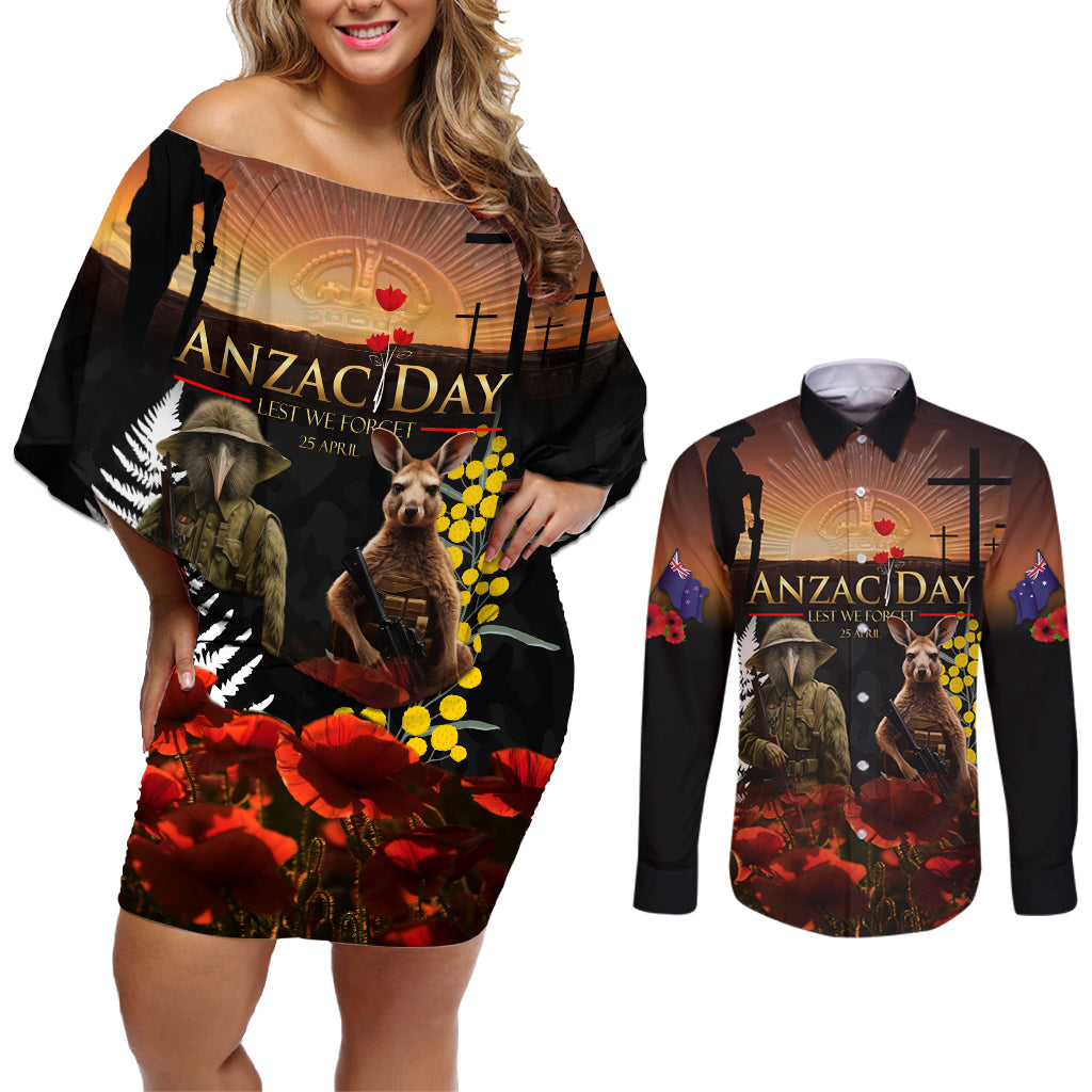 New Zealand and Australia ANZAC Day Couples Matching Off Shoulder Short Dress and Long Sleeve Button Shirt Kiwi Bird and Kangaroo Soldier LT03 Black - Polynesian Pride