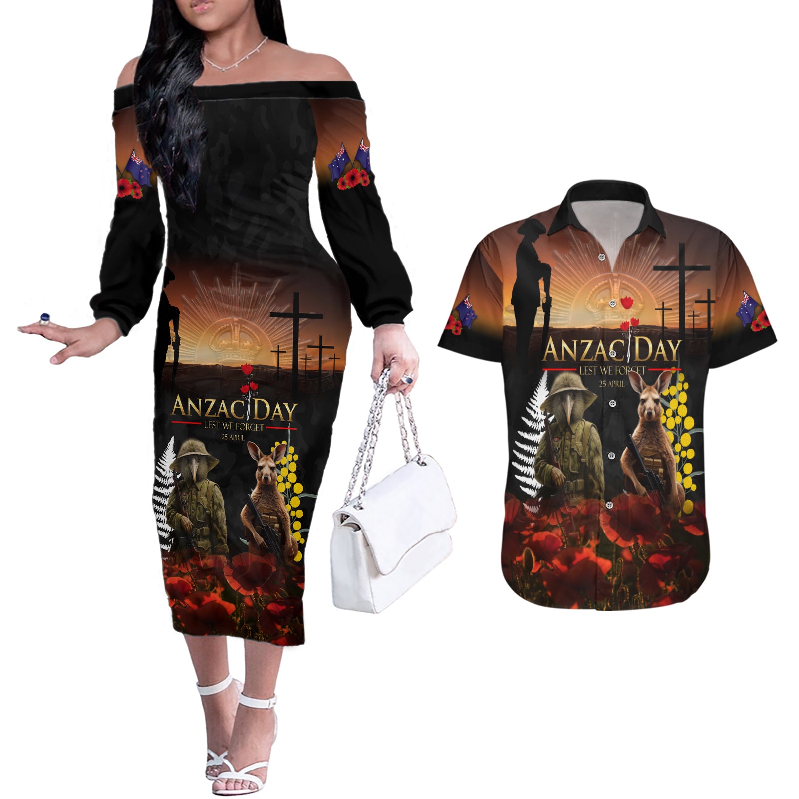 New Zealand and Australia ANZAC Day Couples Matching Off The Shoulder Long Sleeve Dress and Hawaiian Shirt Kiwi Bird and Kangaroo Soldier LT03 Black - Polynesian Pride